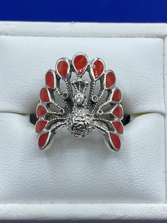 Sterling Silver Coral Peacock Ring
