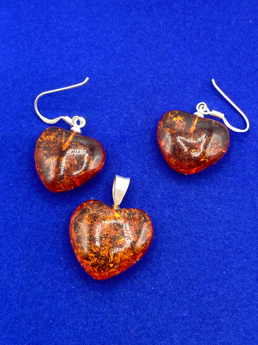 Sterling Silver Amber Heart Jewelry Set