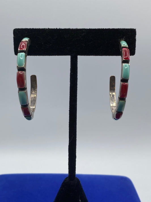 Sterling Silver HOB Turquoise & Carnelian Half Hoop Earrings