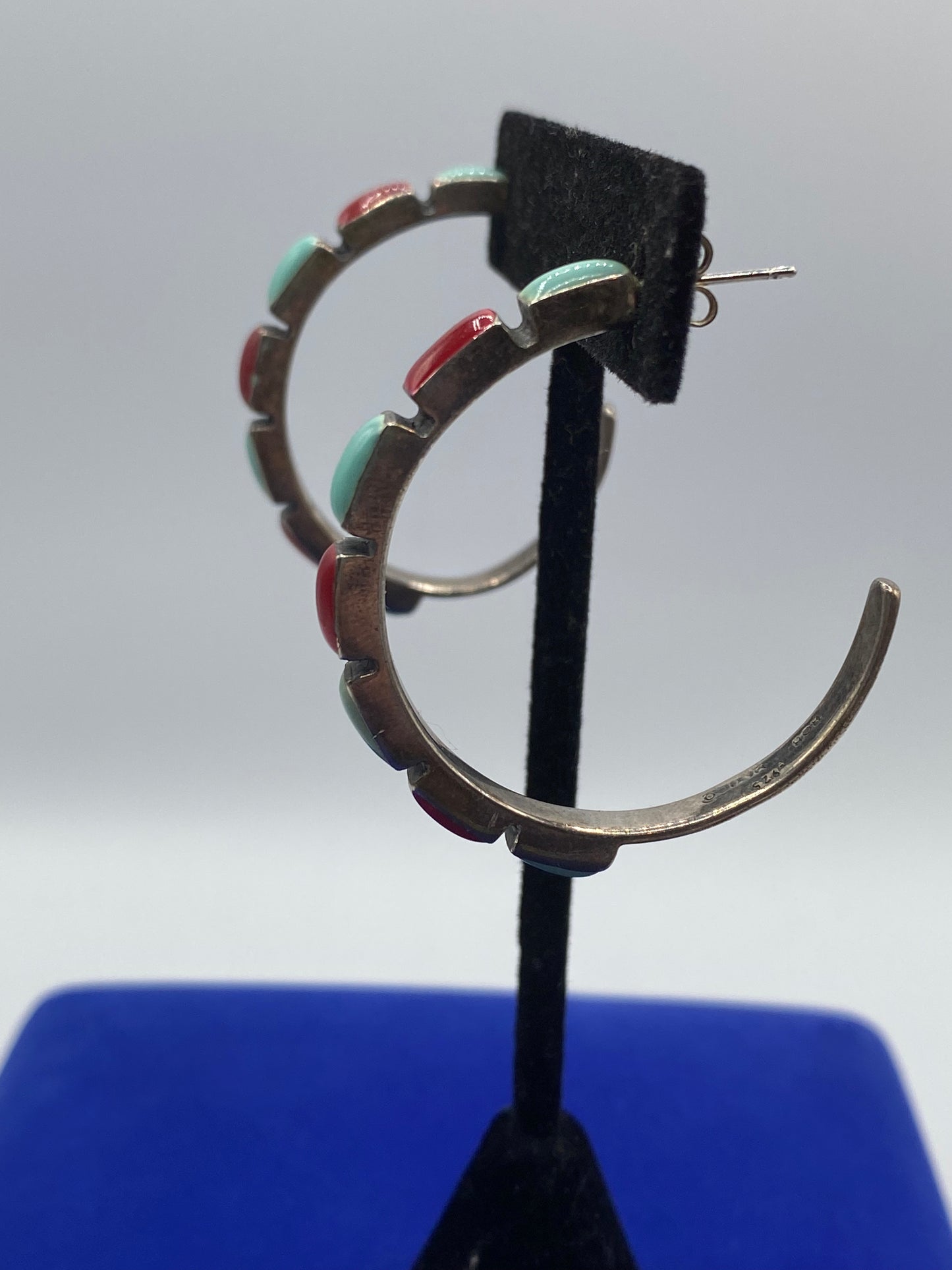 Sterling Silver HOB Turquoise & Carnelian Half Hoop Earrings