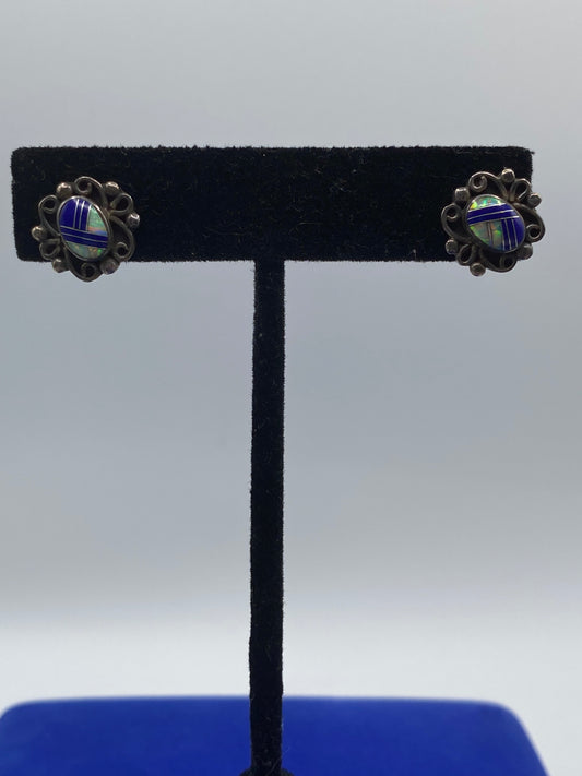 Sterling Silver Opal & Lapis Inlay Stud Earrings