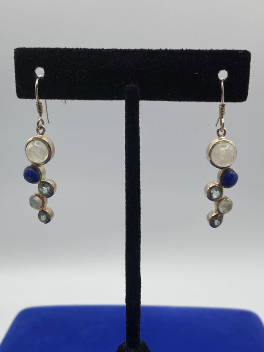 Sterling Silver Topaz, Lapis & Rainbow Moonstone Earrings