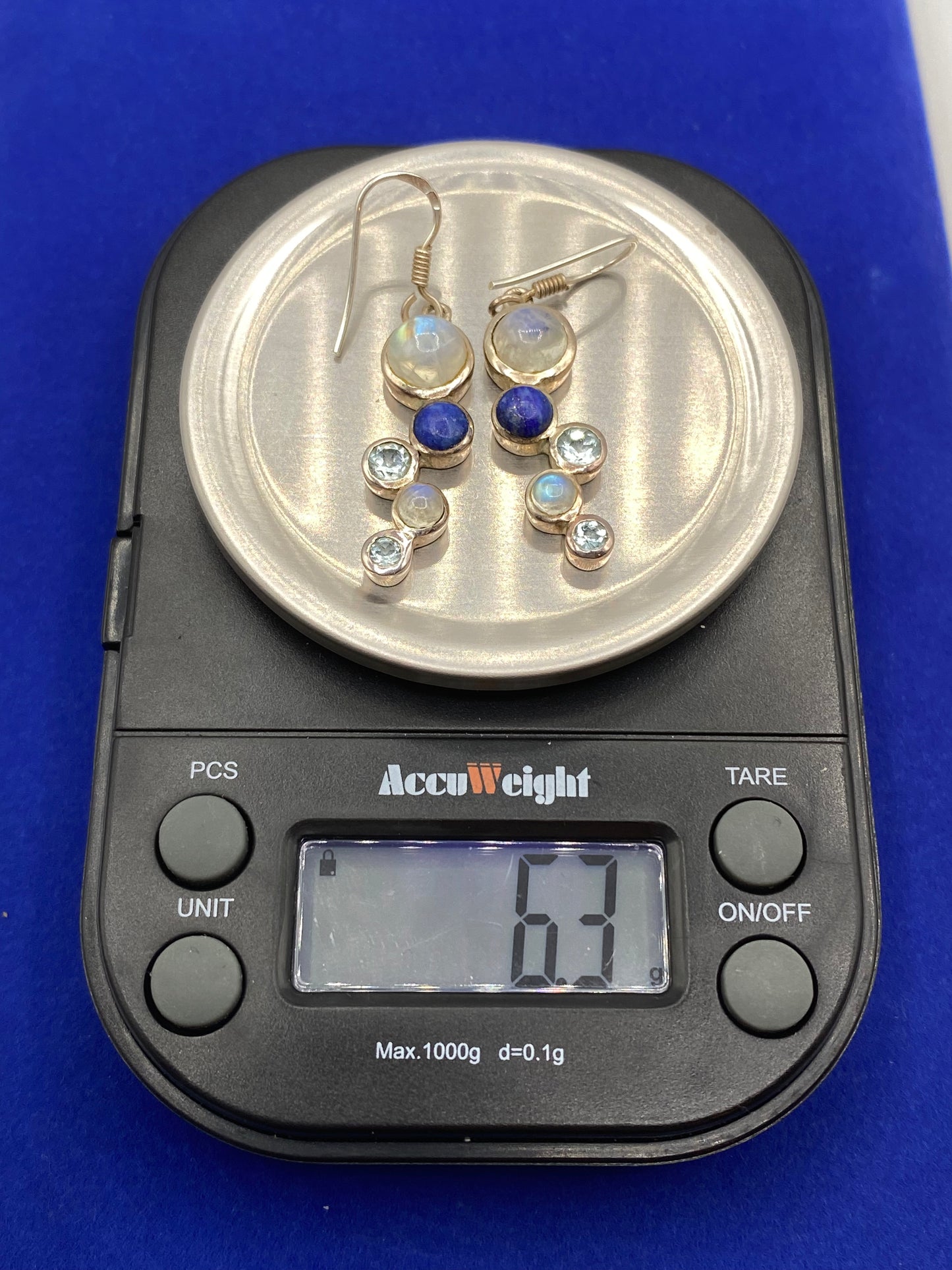 Sterling Silver Topaz, Lapis & Rainbow Moonstone Earrings